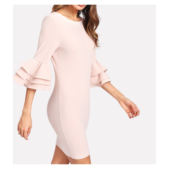 Nude Tiered Ruffle Sleeve Bodycon Dress - Picture 3 of 6